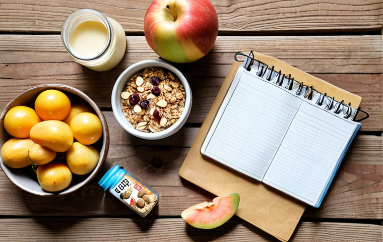 **Image Prompt:** A colorful flat lay featuring healthy snacks arranged on a rustic wooden table. Include fresh fruits (berries, melon, apple slices with peanut butter), Greek yogurt with granola and honey, a small bag of mixed nuts and seeds, and a homemade energy bar. In the background, a reusable water bottle and a small notebook with a pen, suggesting planning and preparation. The overall mood should be bright, inviting, and emphasizing a "guilt-free" and delicious snack break. Style: Food photography, high resolution, natural light.