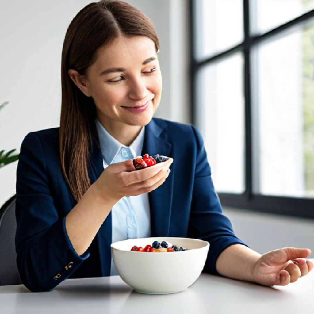 A professional adult, fully clothed in modest business attire, sitting calmly at a clean, modern desk. They are gently holding a small bowl of Greek yogurt with fresh berries and a sprinkle of nuts, taking a mindful moment to enjoy the healthy snack. The setting is a brightly lit, contemporary office space with soft, natural light coming through a large window in the background. A green plant is visible on the desk. Professional photography, high-resolution, sharp focus on the snack and hands, natural pose, perfect anatomy, correct proportions, well-formed hands, proper finger count, soft studio lighting, safe for work, appropriate content, fully clothed, modest, family-friendly.