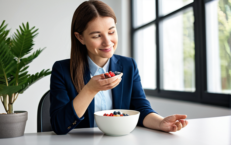 A professional adult, fully clothed in modest business attire, sitting calmly at a clean, modern desk. They are gently holding a small bowl of Greek yogurt with fresh berries and a sprinkle of nuts, taking a mindful moment to enjoy the healthy snack. The setting is a brightly lit, contemporary office space with soft, natural light coming through a large window in the background. A green plant is visible on the desk. Professional photography, high-resolution, sharp focus on the snack and hands, natural pose, perfect anatomy, correct proportions, well-formed hands, proper finger count, soft studio lighting, safe for work, appropriate content, fully clothed, modest, family-friendly.