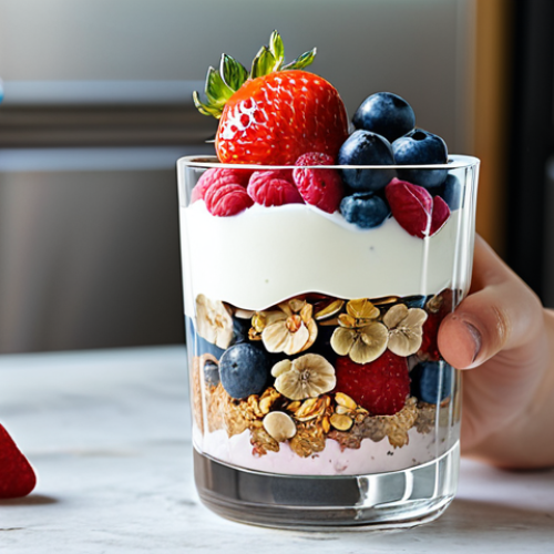 Home 20 **
A vibrant yogurt parfait layered with fresh berries (strawberries, blueberries, raspberries) and crunchy granola in a clear glass. A spoon rests against the glass. Background: A bright, modern kitchen with natural light. Focus on textures and colors. safe for work, appropriate content, fully clothed, modest presentation, family-friendly, perfect anatomy, correct proportions, natural pose, well-formed hands, proper finger count, natural body proportions, professional quality.
**