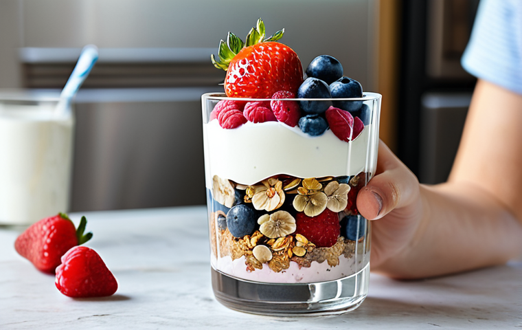 **

A vibrant yogurt parfait layered with fresh berries (strawberries, blueberries, raspberries) and crunchy granola in a clear glass. A spoon rests against the glass. Background: A bright, modern kitchen with natural light. Focus on textures and colors. safe for work, appropriate content, fully clothed, modest presentation, family-friendly, perfect anatomy, correct proportions, natural pose, well-formed hands, proper finger count, natural body proportions, professional quality.

**