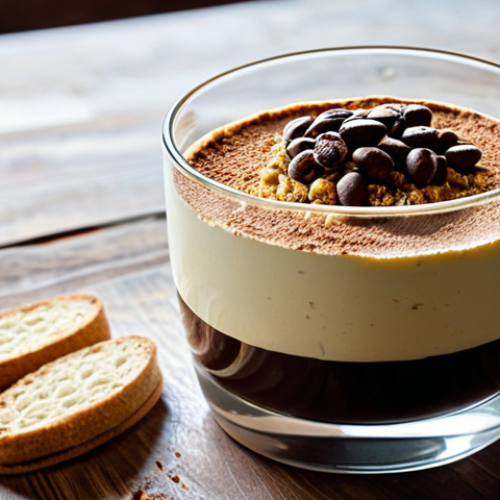 Home 19 **"Elegant tiramisu in a crystal glass, coffee beans, biscotti crumbs, rustic wooden table, warm natural light, professional food photography, dolce vita aesthetic."** (Focus on a classic Italian dessert with a touch of sophistication.)