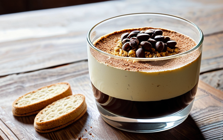 **"Elegant tiramisu in a crystal glass, coffee beans, biscotti crumbs, rustic wooden table, warm natural light, professional food photography, dolce vita aesthetic."** (Focus on a classic Italian dessert with a touch of sophistication.)