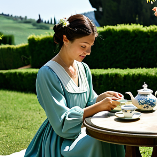 Home 18 다과와 한복 문화 - **
"A serene tea ceremony in a sun-drenched Tuscan villa garden. A woman, fully clothed in a modest...