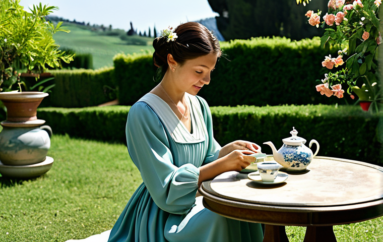 다과와 한복 문화 - **
"A serene tea ceremony in a sun-drenched Tuscan villa garden. A woman, fully clothed in a modest...