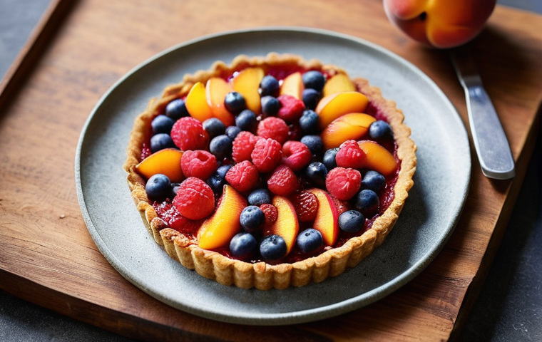 다과와 베이킹 - **Prompt:** A close-up, top-down shot of a beautifully rustic, naturally sweetened fruit tart, embod...
