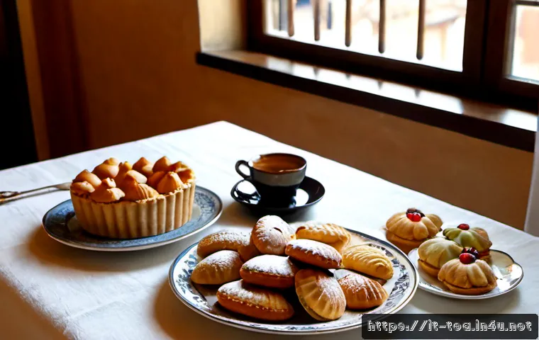 한국 전통 다과 - Photorealistic Italian afternoon tea table with an elegant ceramic platter of assorted traditional p...