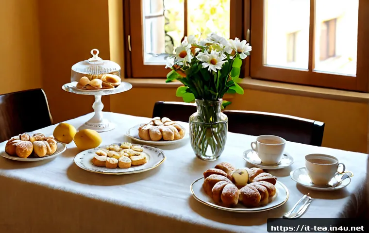 다과와 차례상 - Photorealistic Italian family remembrance table in a warm home dining room, neatly arranged biscotti...